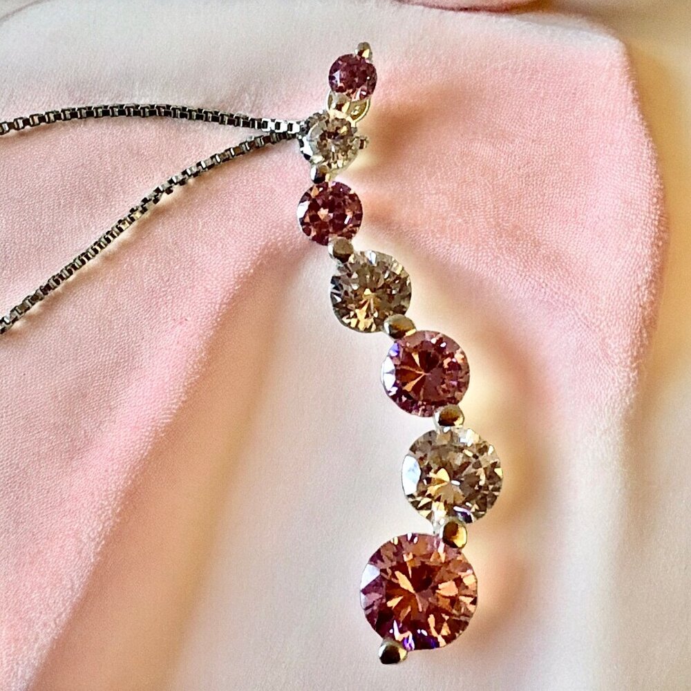 Sterling 925 Necklace + Cubic Zircon CZ Journey Pendant Pink & Clear Signed JC